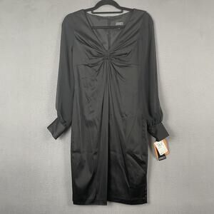 Adrianna Papell Dress Womens 6 Black Long Sleeve V Neck Ruched Satin Cocktail